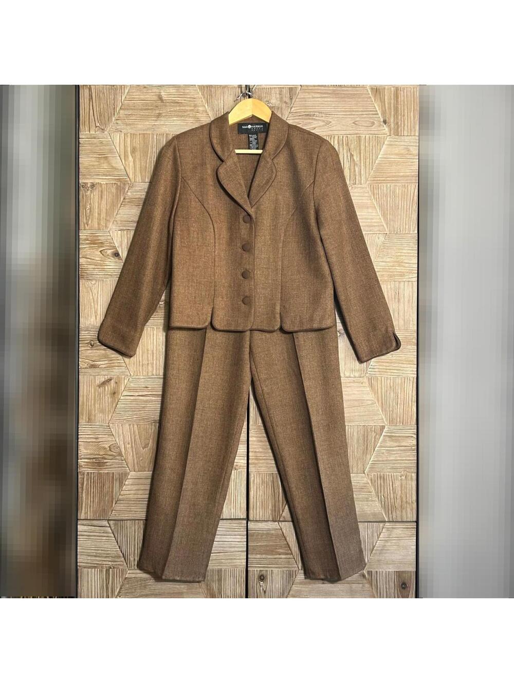 Vtg Sag Harbor Womens Vintage 90s 2 Piece Pant Suit Brown Size 8P Career Office